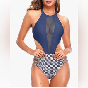 Tempt Me Women One Piece Sexy Mesh Swimsuit High Neck Halter Cutout Monokini Swi